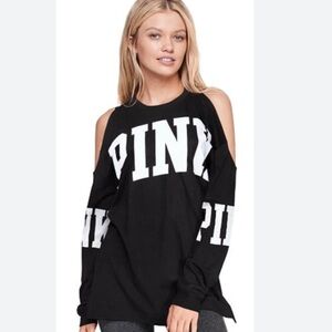 PINK Victoria's Secret Black Cold Shoulder Long Sleeve Oversized Tee Size Large